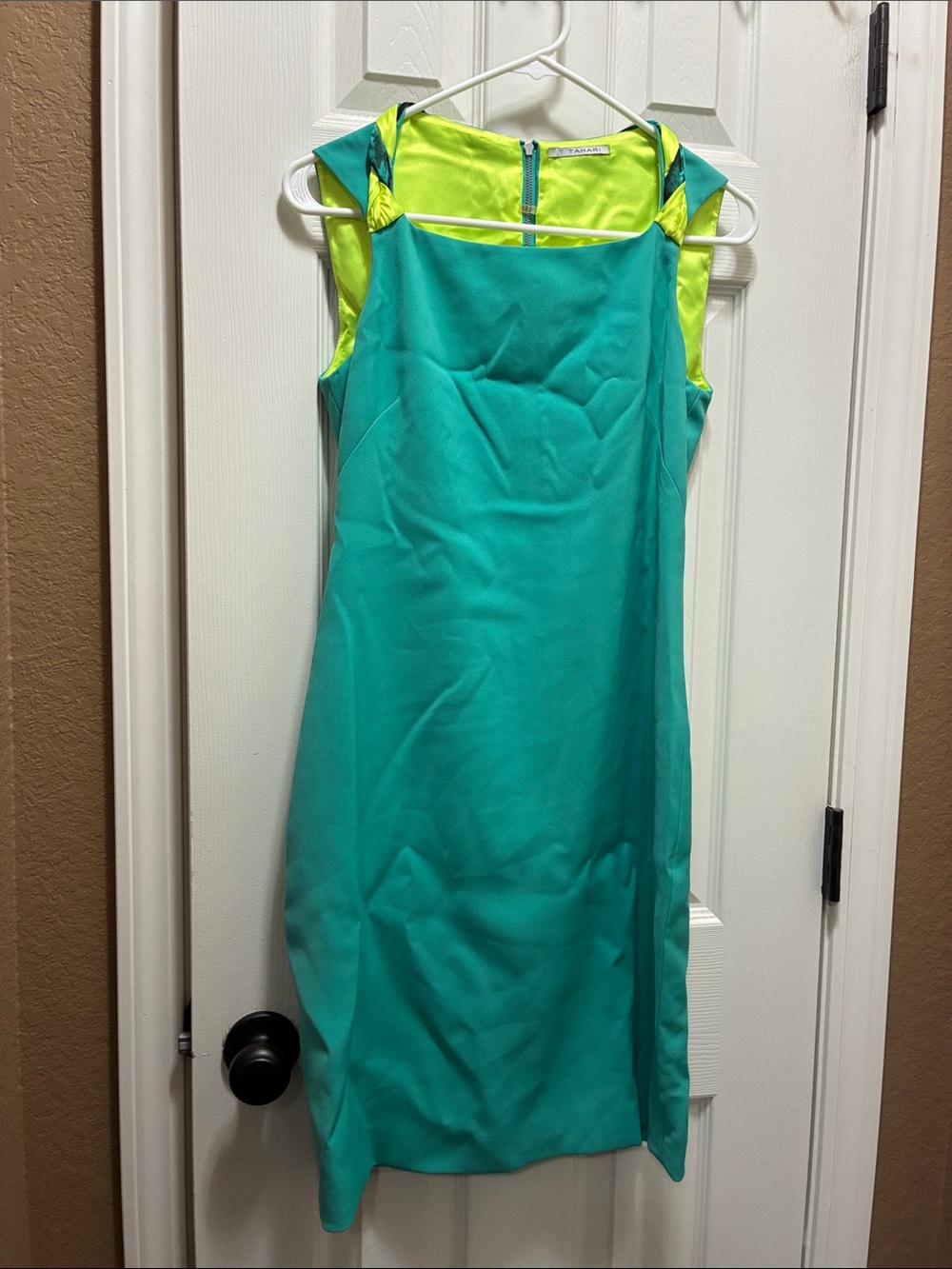 Tahari Slim Shift Midi Dress in Teal with Lime Accents